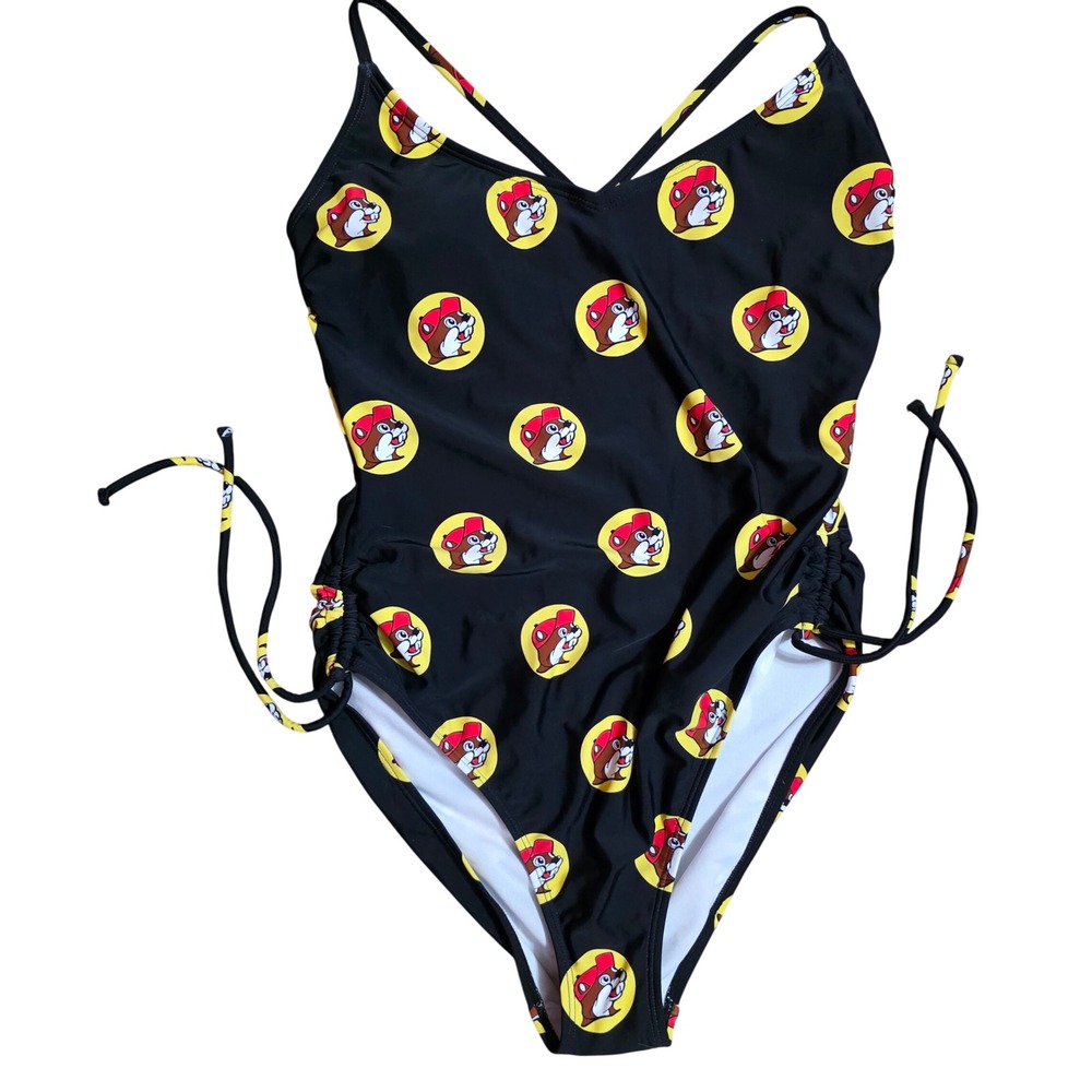 Buc-ee's Women XL One Piece Swimsuit Black Logo Print Ruched Side Texas Novelty